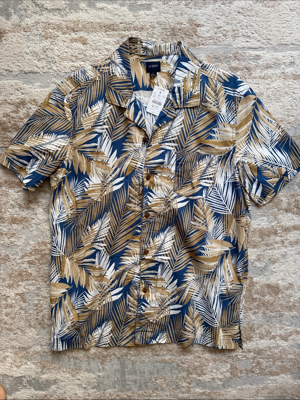 J. Crew Navy, Tan & White Palm-Print Short-Sleeve Button-Down Shirt